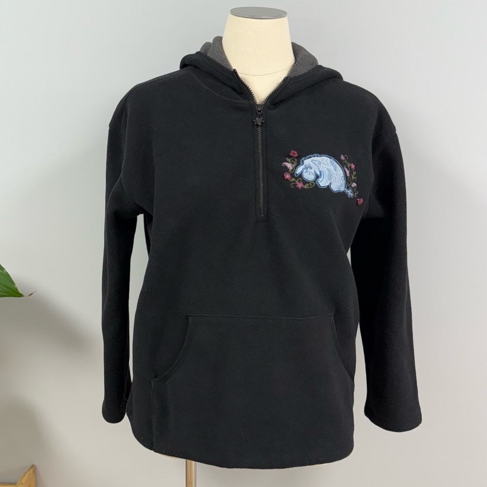Disney Store Eeyore Fleece Pullover Hoodie XL 1/4 Zip Black Vintage Heavyweight